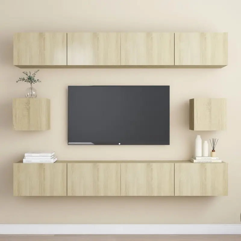 Tv-meubelset van bewerkt hout met opbergruimte voor wandmontage - Sonoma eiken / 6 / 100 cm - Tv-meubels