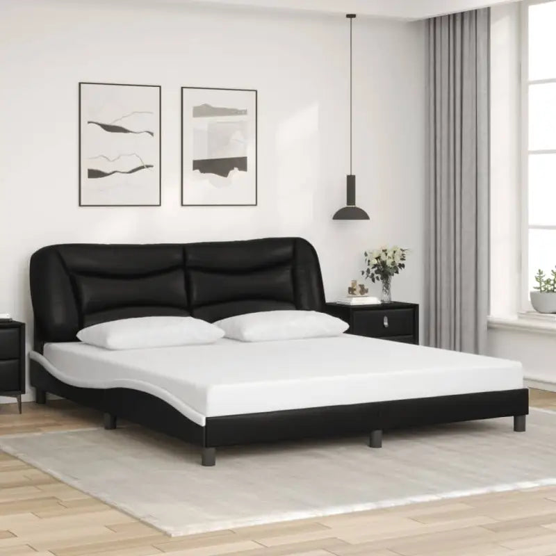 Zwart materiaal bedframe met hoofdeinde en multiplex lattenbodem - Zwart en wit / 180 x 200 cm - Bedden & bedframes