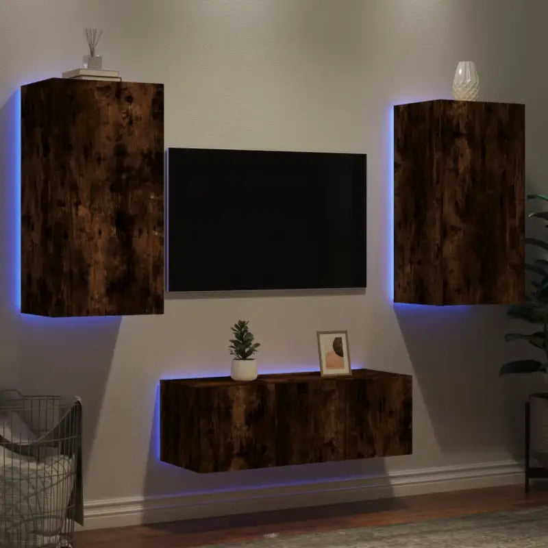Zwevend tv-meubel met rgb led-verlichting en bewerkt hout - Gerookt eiken / 1 - Tv-meubels