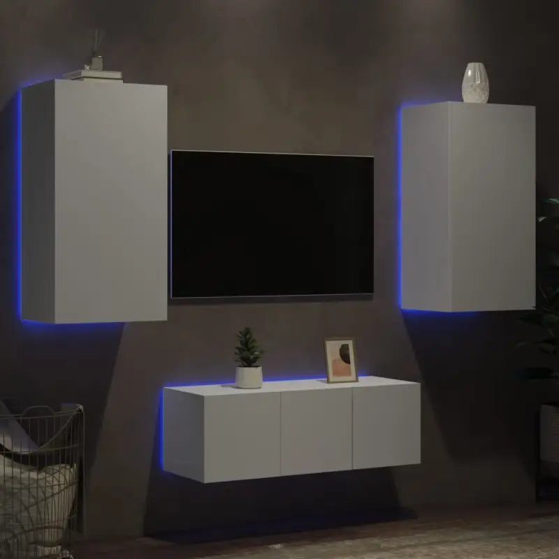 Zwevend tv-meubel met rgb led-verlichting en bewerkt hout - Wit / 1 - Tv-meubels