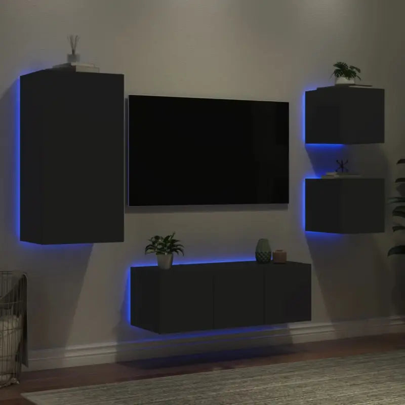 Zwevend TV-meubel met rgb led-verlichting en bewerkt hout - Zwart / 1 - Tv-meubels