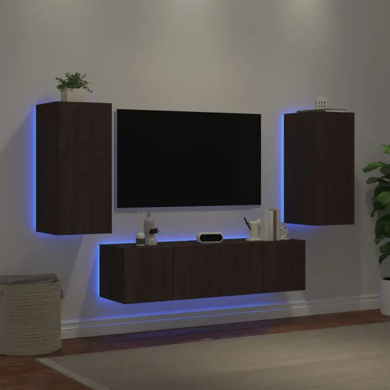 Zwevend tv-meubel van bewerkt hout met rgb led-verlichting - bruin eikenkleur / 1 - Tv-meubels