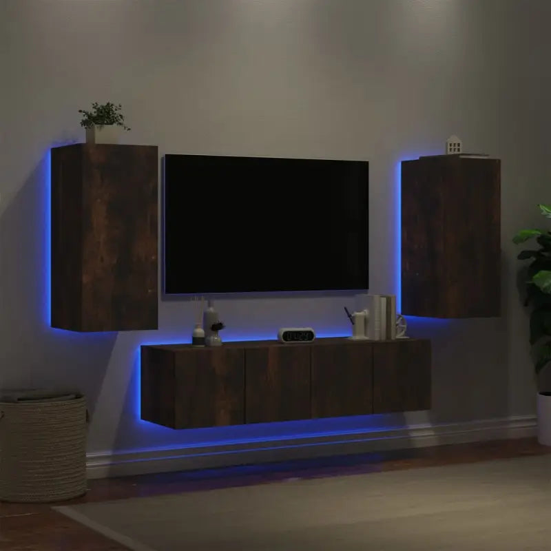 Zwevend tv-meubel van bewerkt hout met rgb led-verlichting - Gerookt eiken / 1 - Tv-meubels