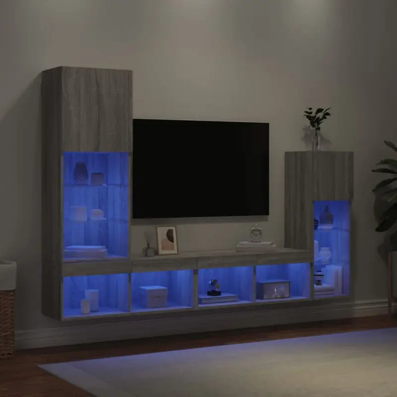 Zwevend tv-meubel van bewerkt hout met RGB LED-verlichting - Grijs sonoma / 1 - Tv-meubels