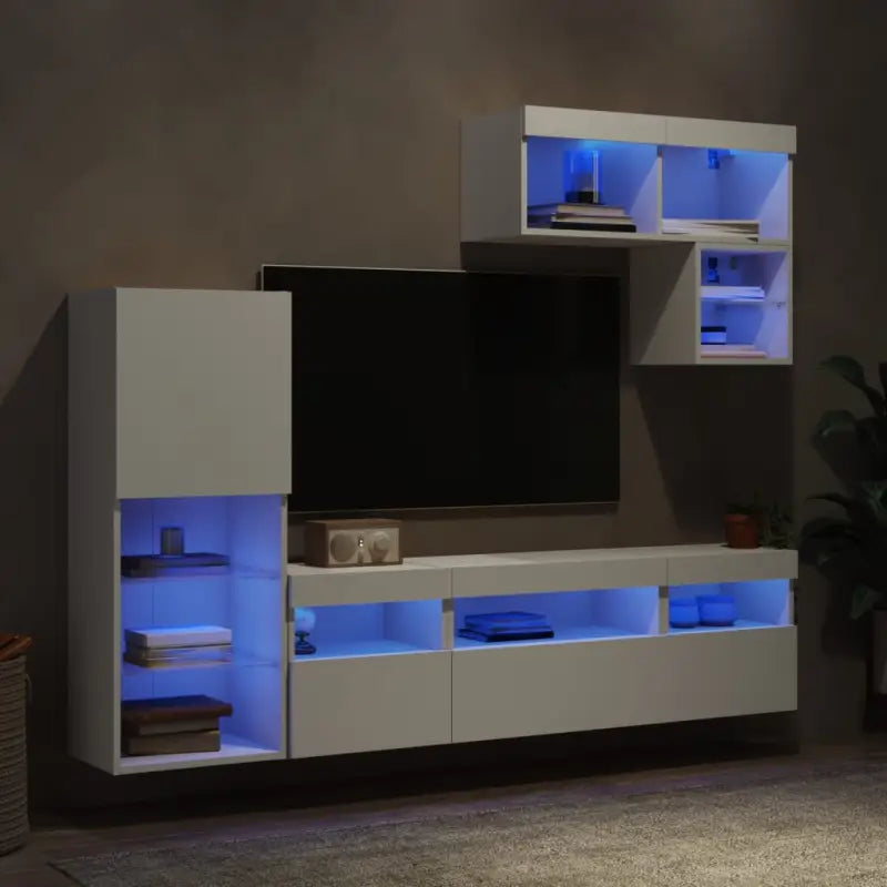 Zwevende tv-meubel met RGB LED-verlichting van bewerkt hout - Wit / 1 - Tv-meubels