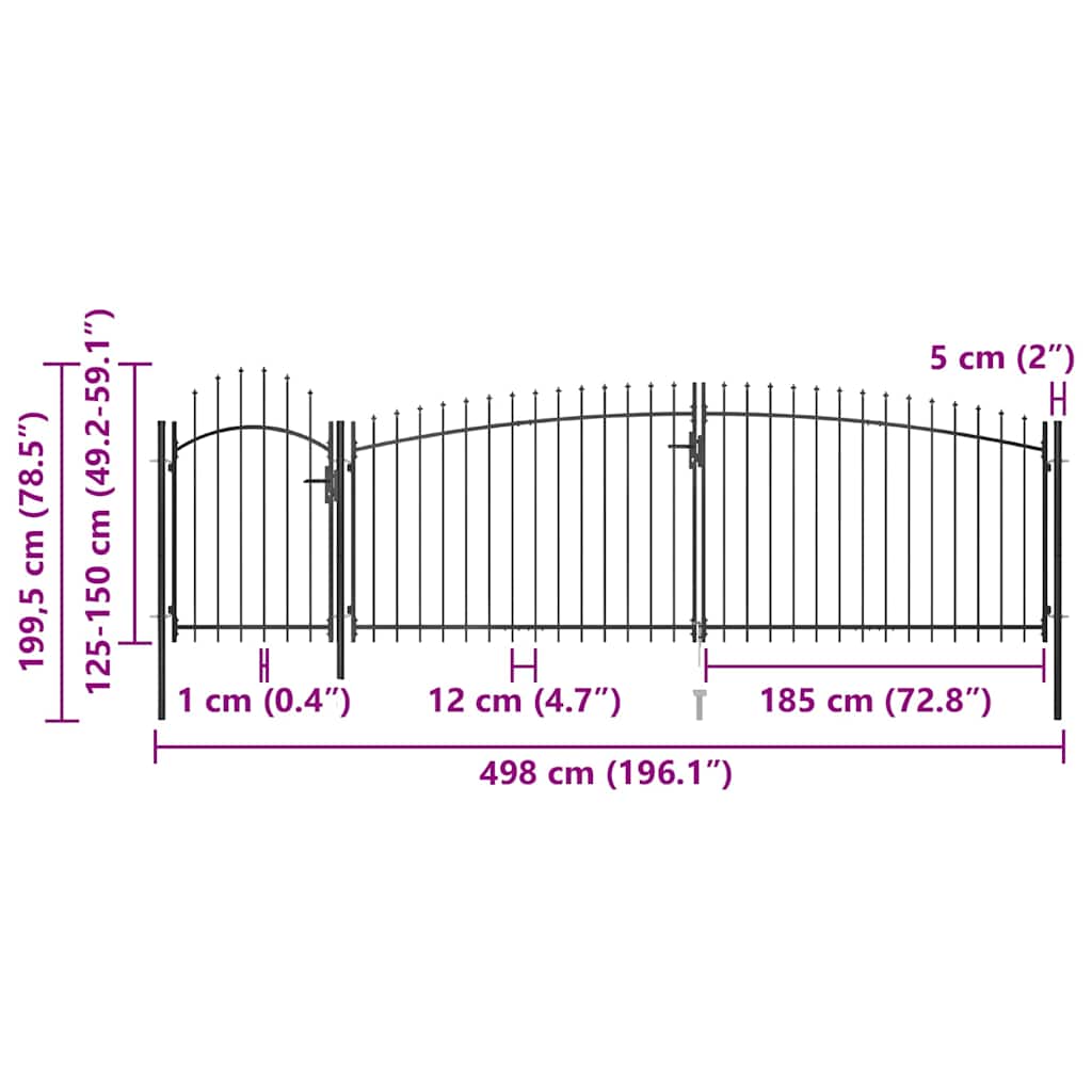 vidaXL Poort met speren bovenkant 5x1,5 m zwart
