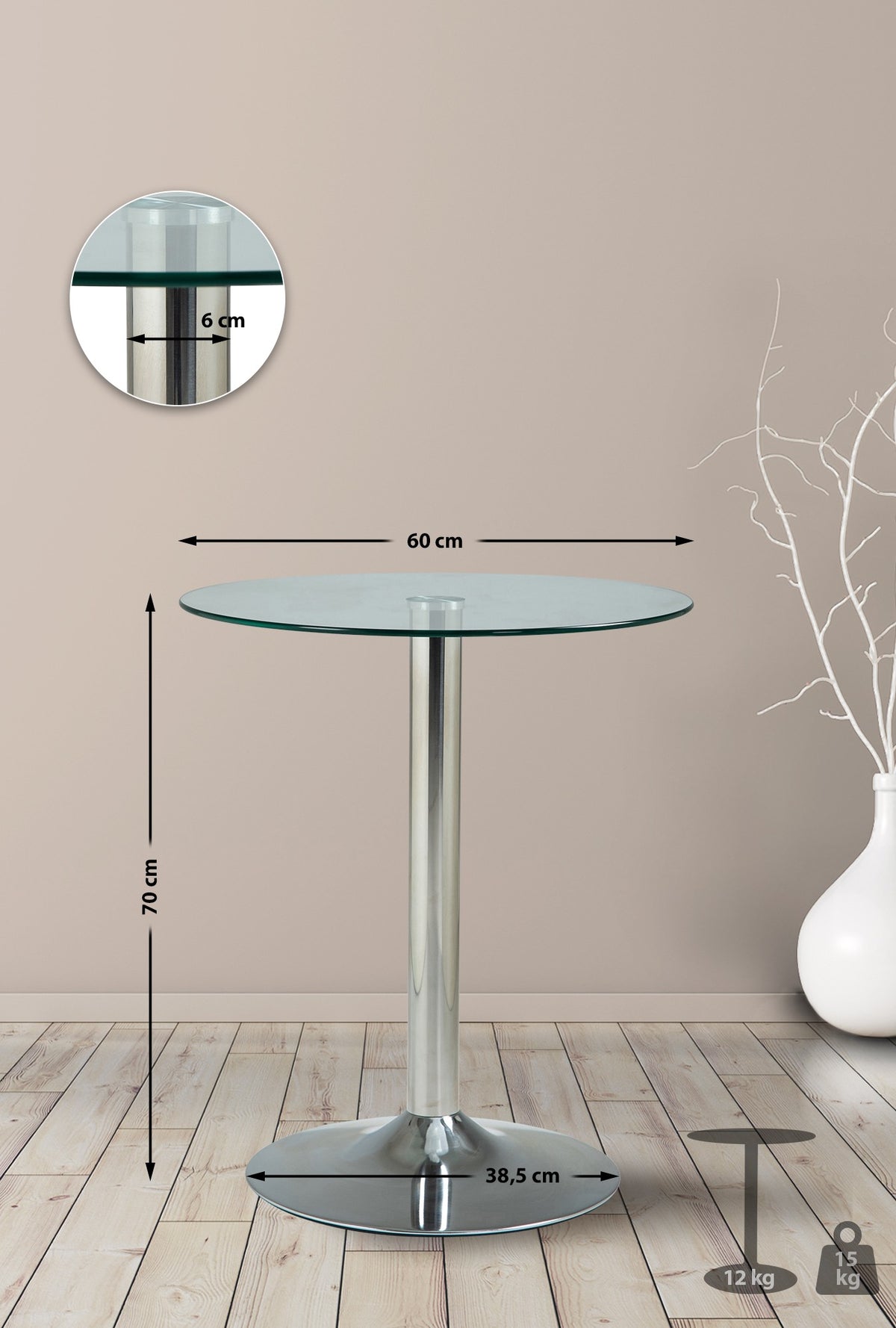 Glazen tafel 70 cm helder/glas klarglas