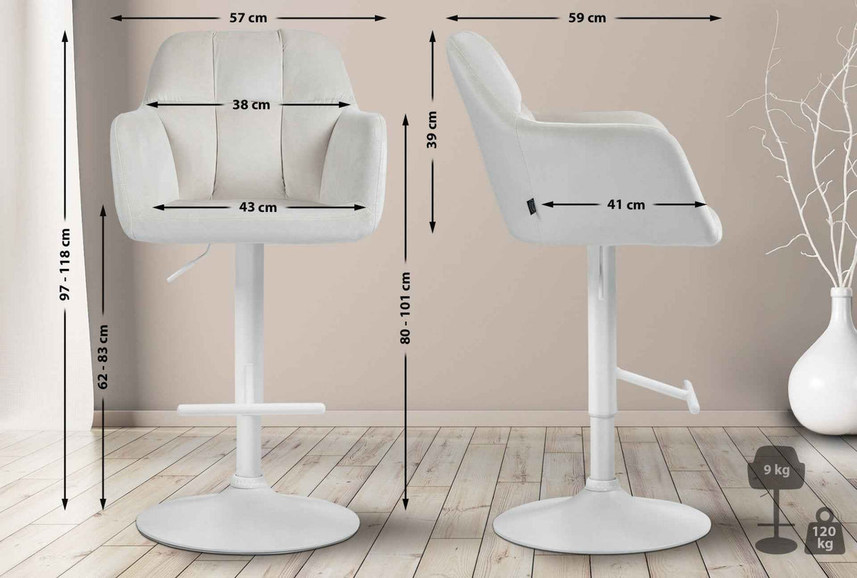 Barkruk Natoma fluweel creme,Metaal mat wit creme