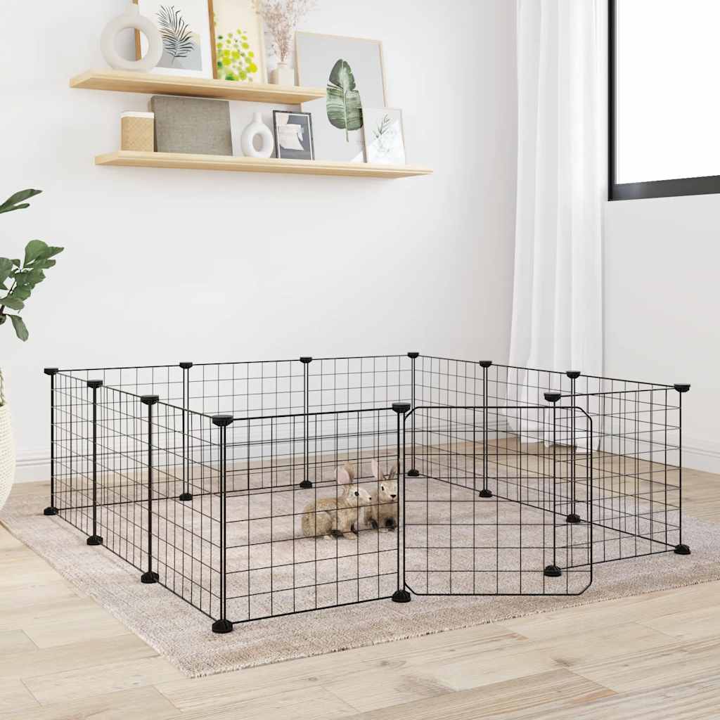 vidaXL Huisdierenkooi met deur 28 panelen 35x35 cm staal zwart - Aashly