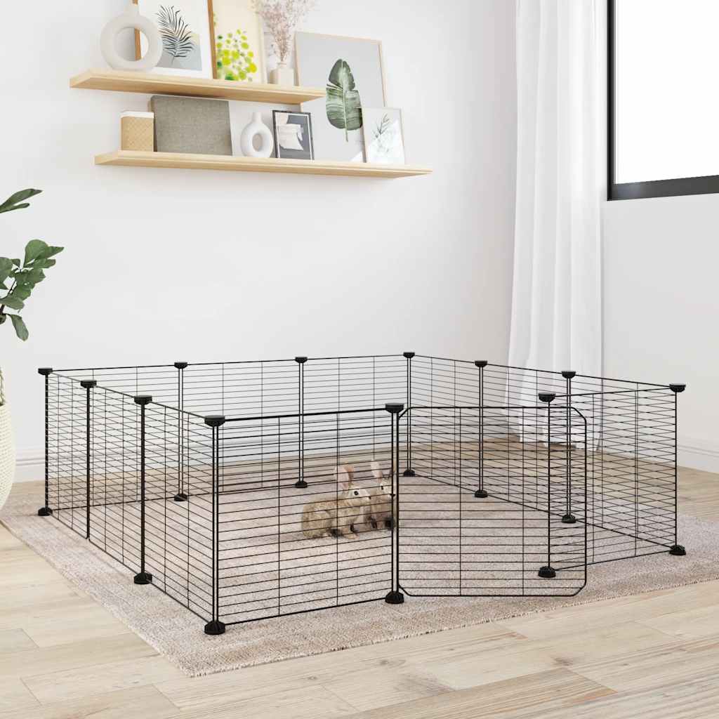 vidaXL Huisdierenkooi met deur 28 panelen 35x35 cm staal zwart - Aashly