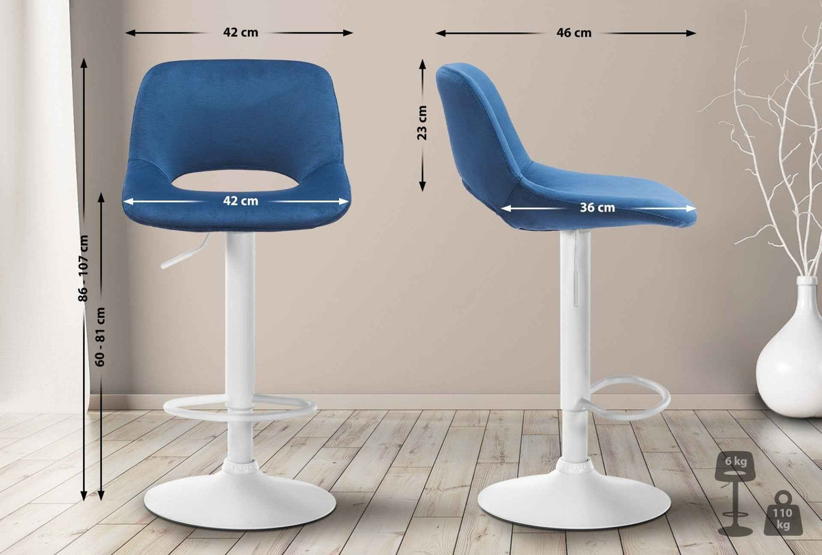 Barkruk Camden fluweel blauw,Metaal mat wit blau