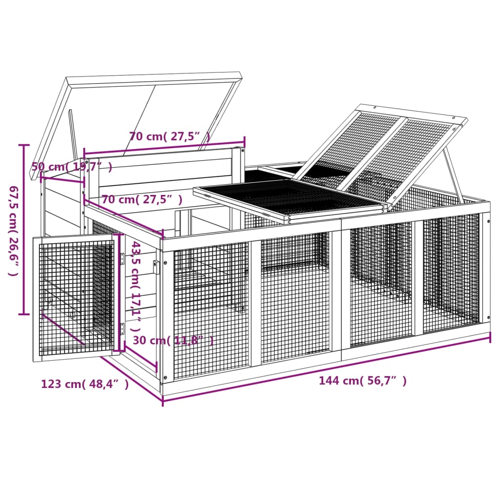 vidaXL Konijnenhok 144x123x67,5 cm massief grenenhout mokkakleurig - Aashly