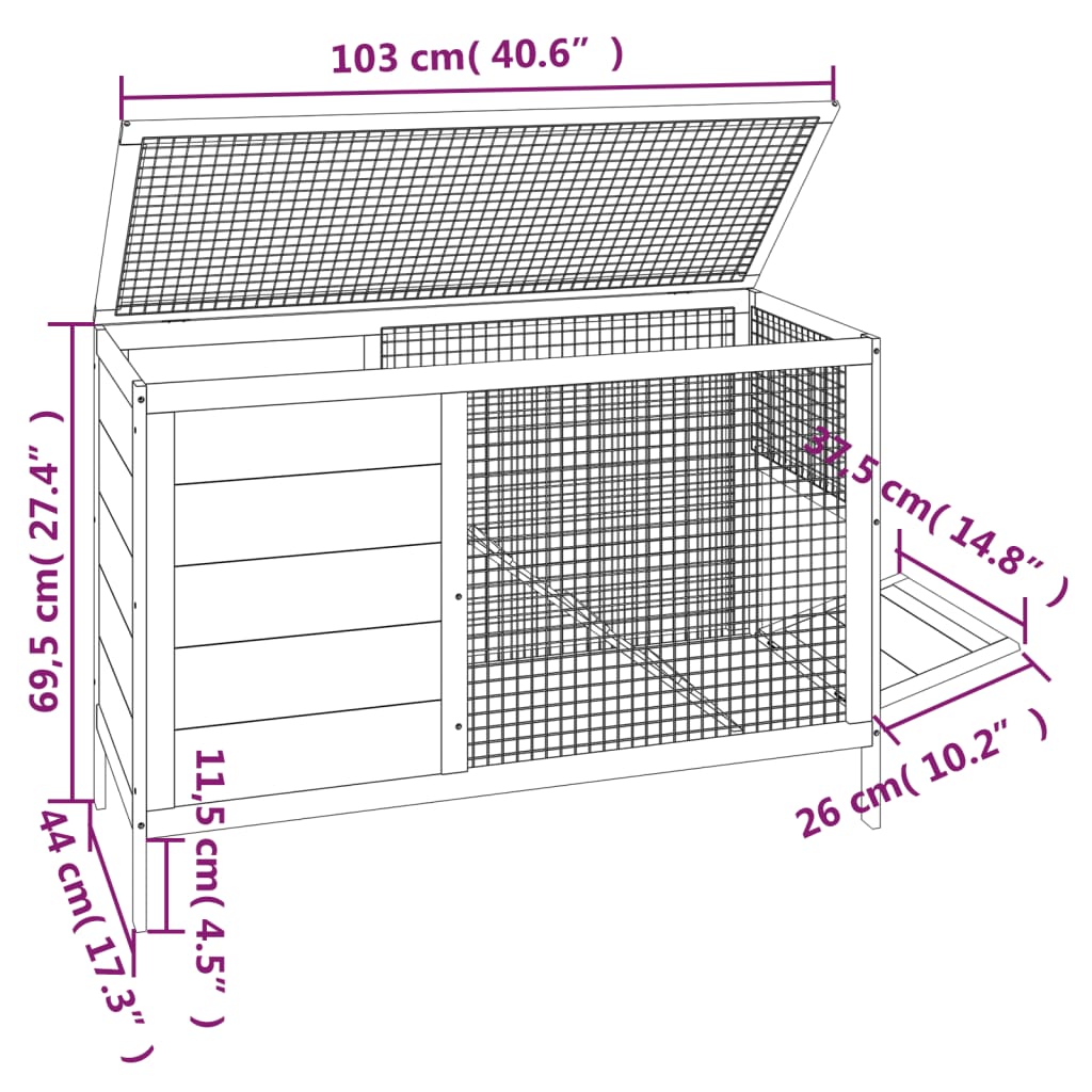 vidaXL Konijnenhok 103x44x69,5 cm massief grenenhout grijs - Aashly