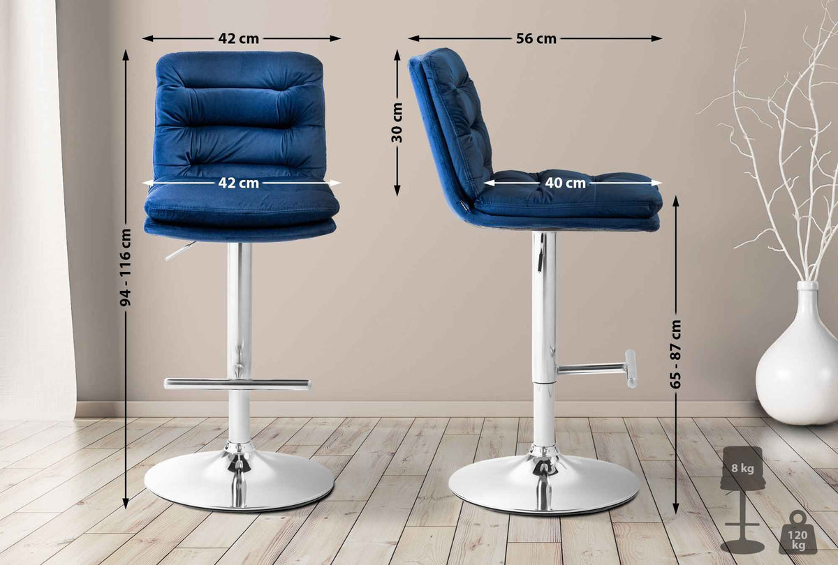 Barkruk Damar Fluweel blauw,chroom blau
