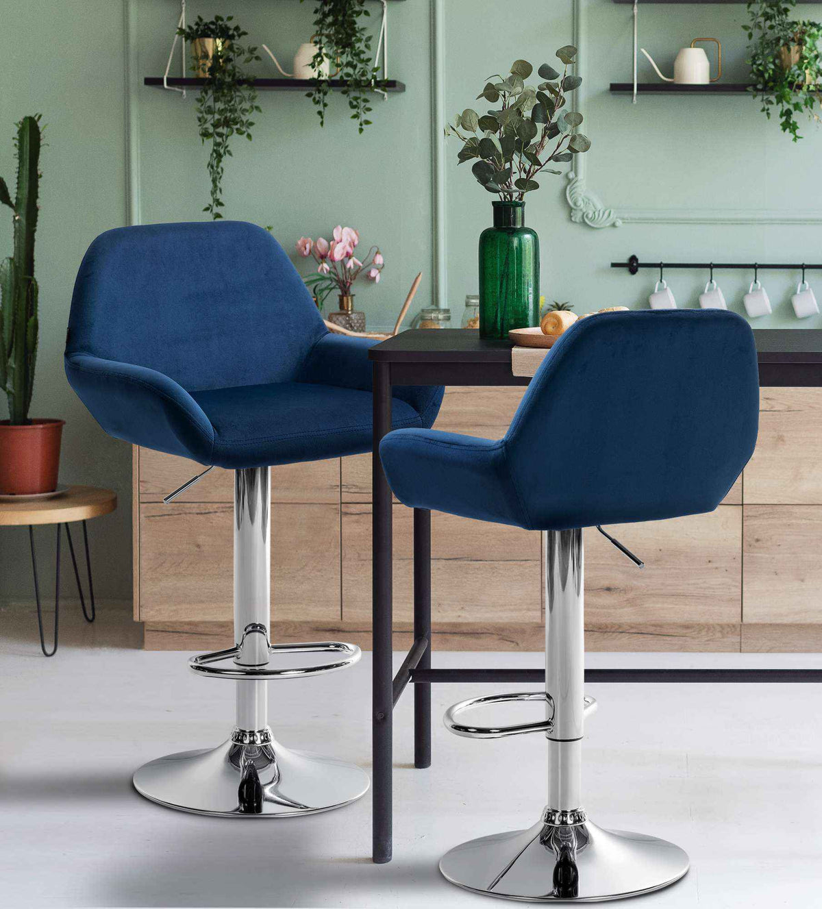 Barkruk Braga fluweel blauw,chroom blau