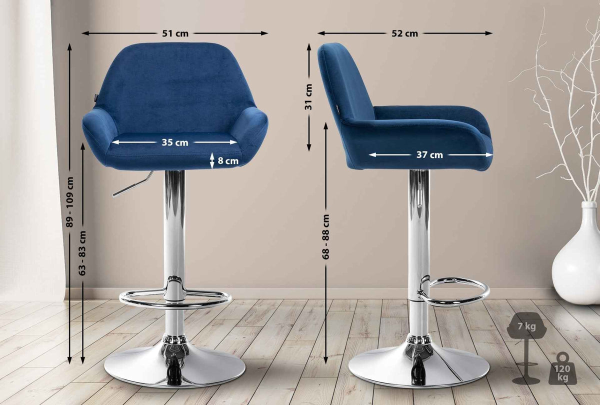 Barkruk Braga fluweel blauw,chroom blau