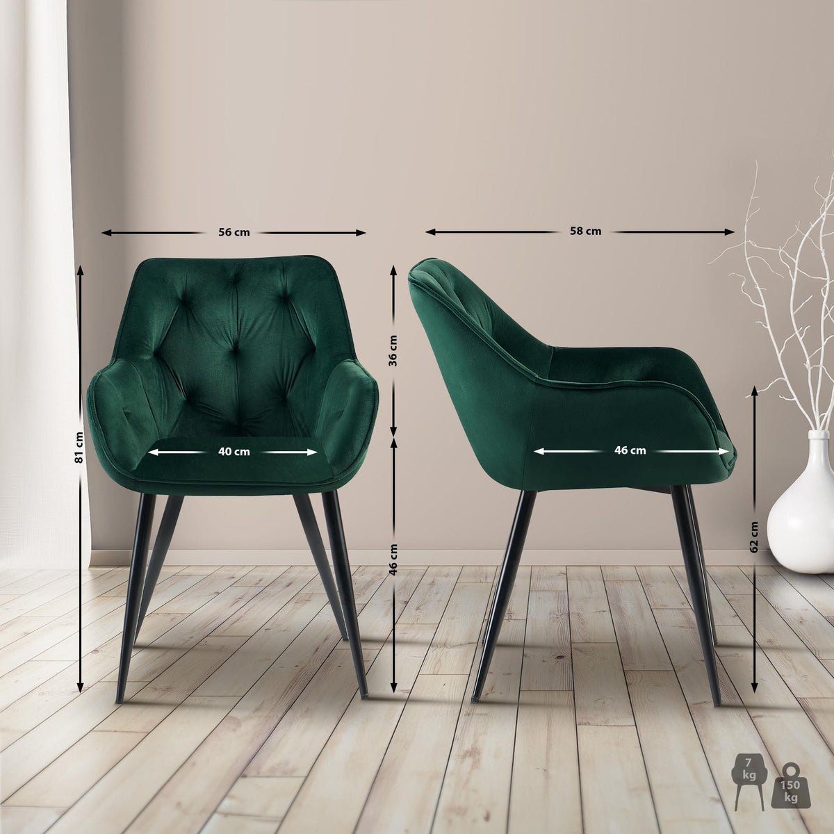 Set van 2 Eetkamerstoelen Cassis Fluweel groen,Fluweel grün
