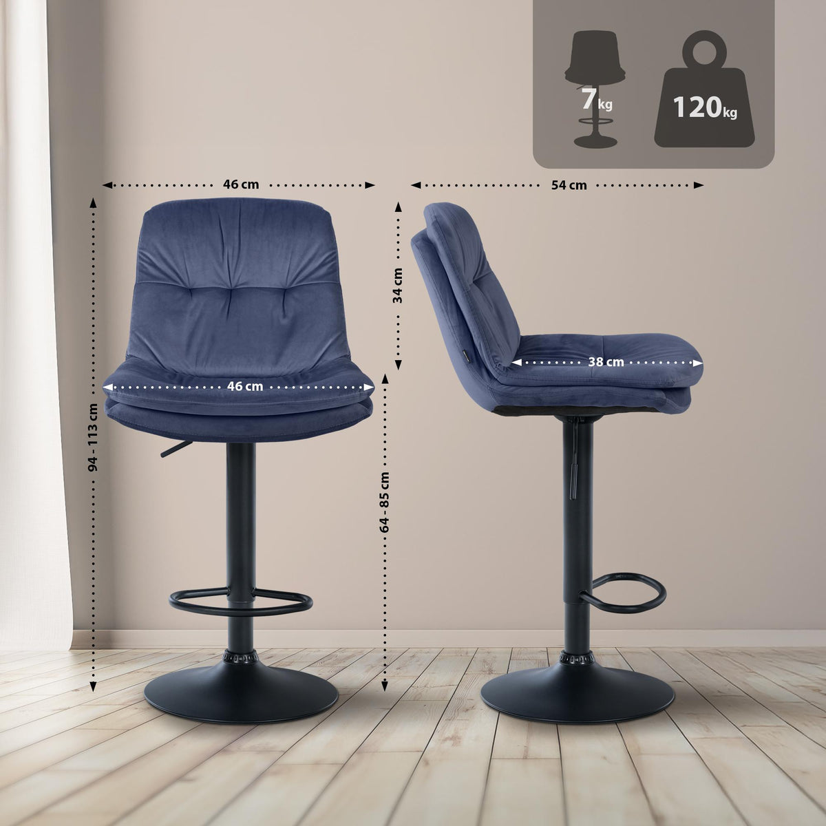 Barkruk Laurel fluweel blauw,Metaal mat zwart blau
