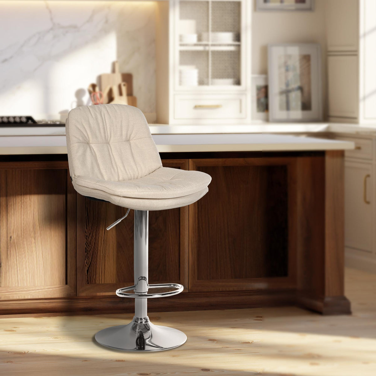 Barkruk Laurel stof creme,Metaal in chroomoptiek creme
