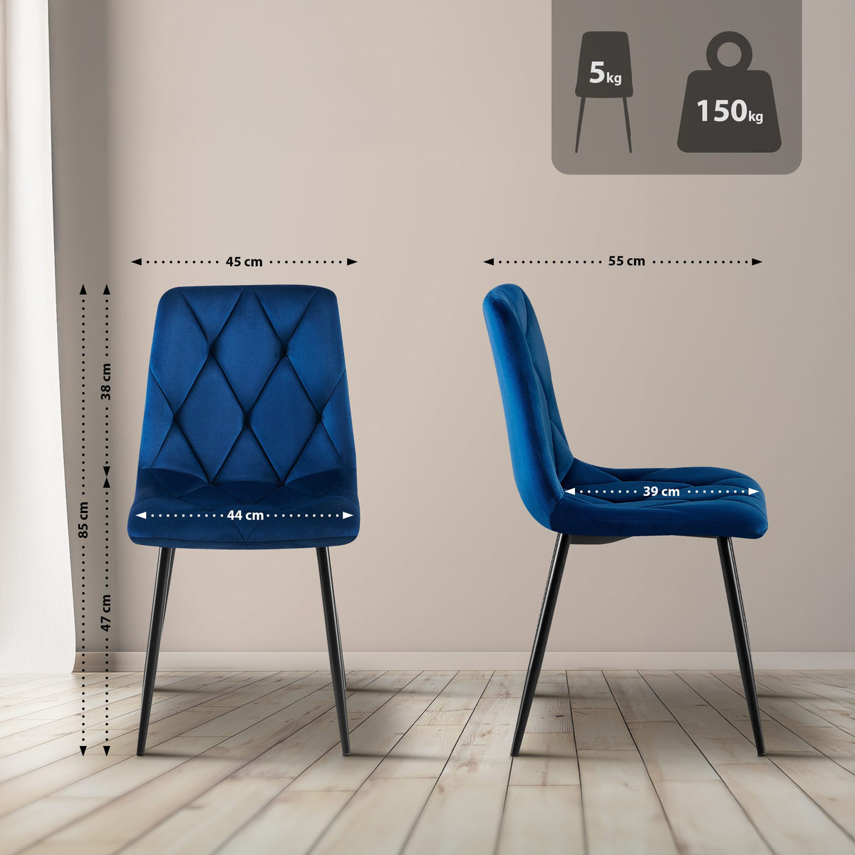 Set van 2 Eetkamerstoelen Clairton donkerblauw,Fluweel dunkelblau