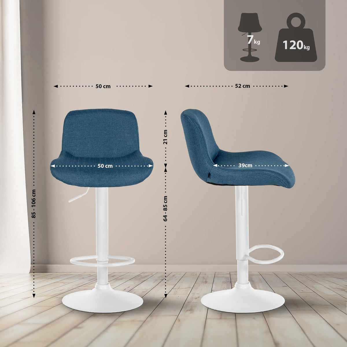 Set van 2 barkrukken Solon Wit blauw,Stof blau