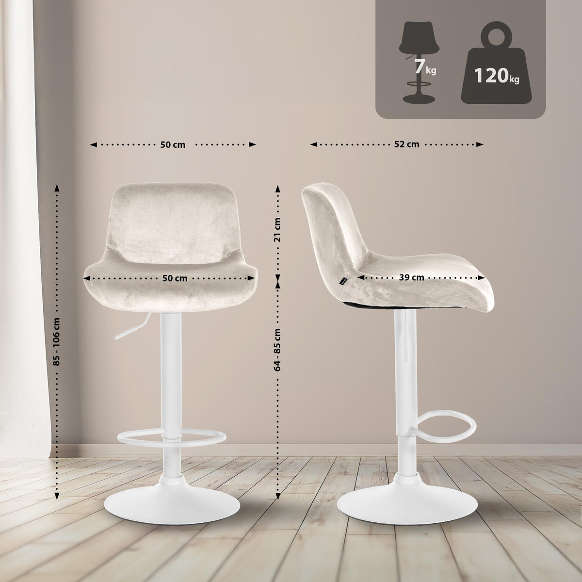 Set van 2 barkrukken Solon Wit creme,Fluweel creme
