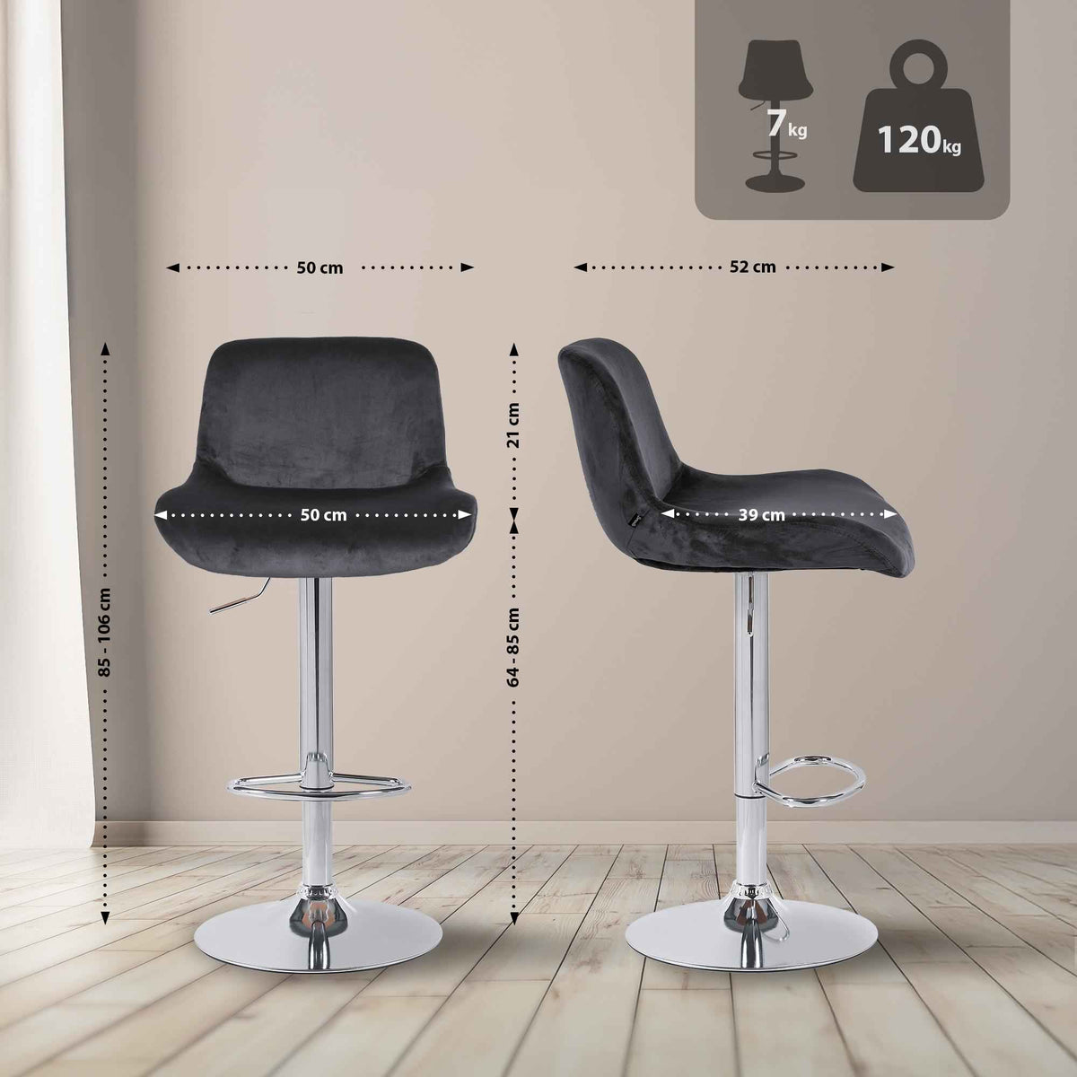 Set van 2 barkrukken Solon chroom zwart,Fluweel schwarz