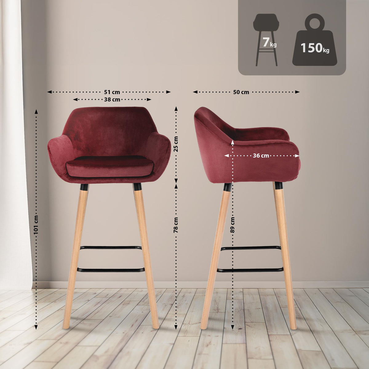 Barkruk Grant Fluweel rood rot