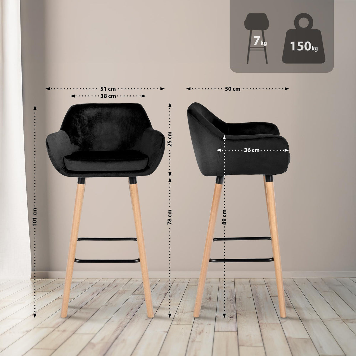 Set van 2 barkrukken Grant Fluweel zwart schwarz