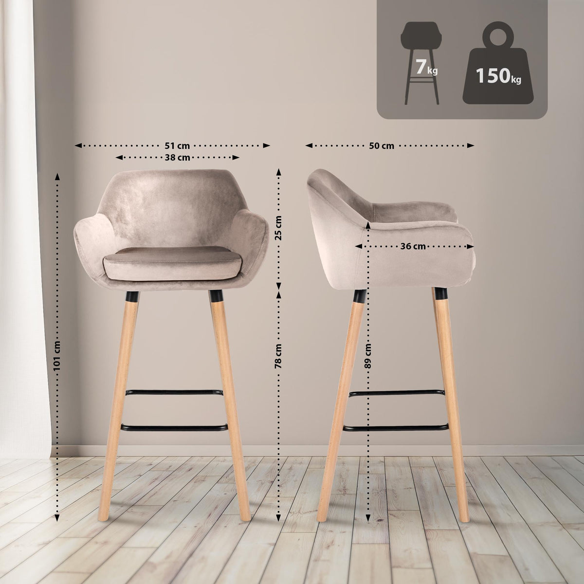Set van 2 barkrukken Grant Fluweel creme creme