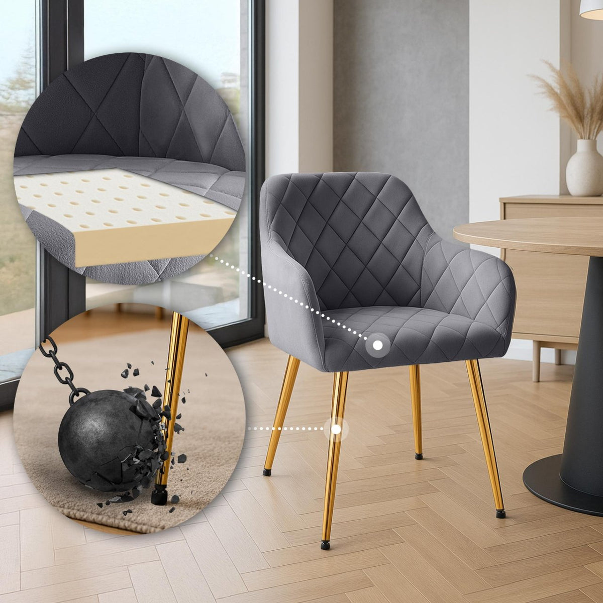 Set van 2 eetkamerstoelen Monett fluweel donkergrijs,Metaal Goud dunkelgrau