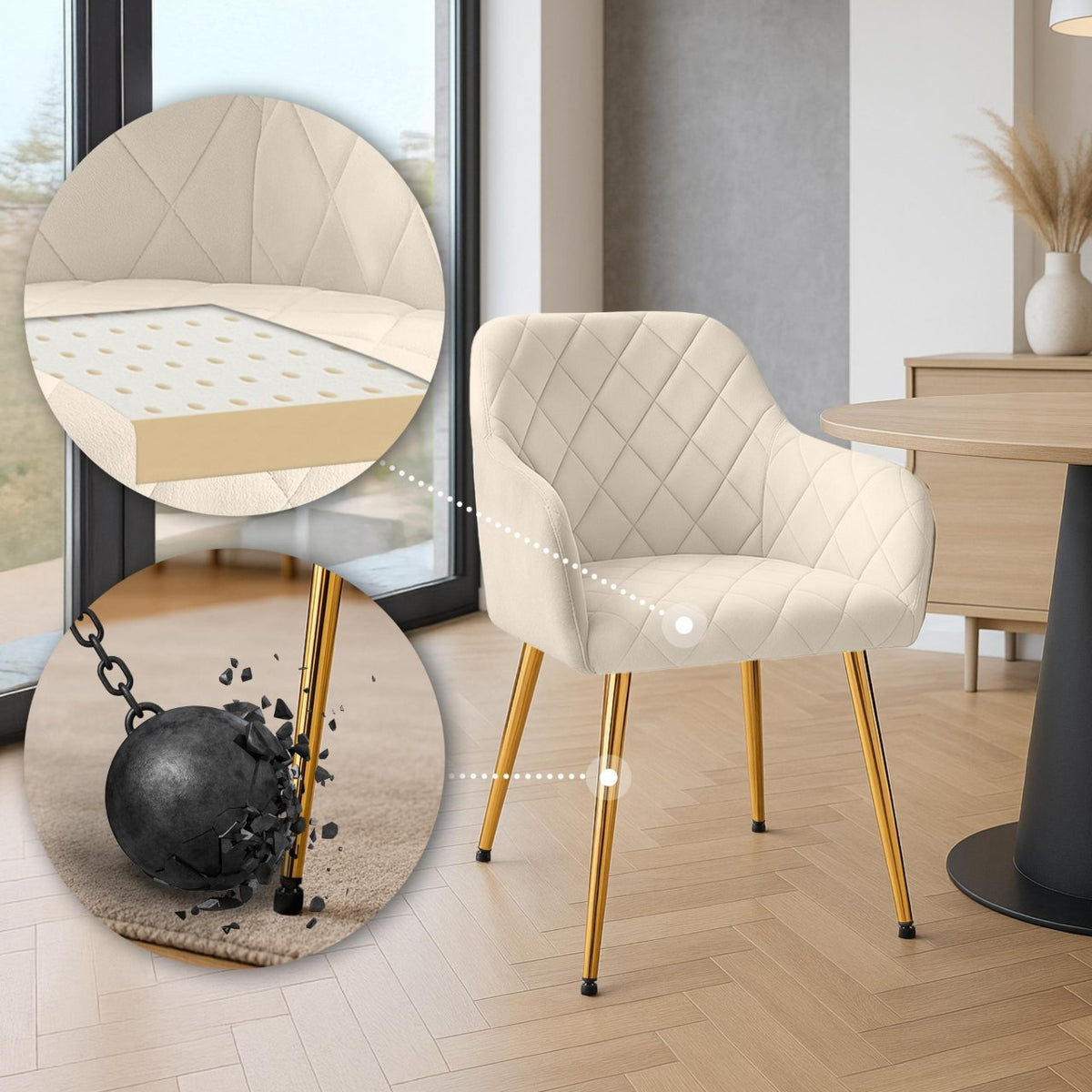 Set van 2 eetkamerstoelen Monett fluweel creme,Metaal Goud creme