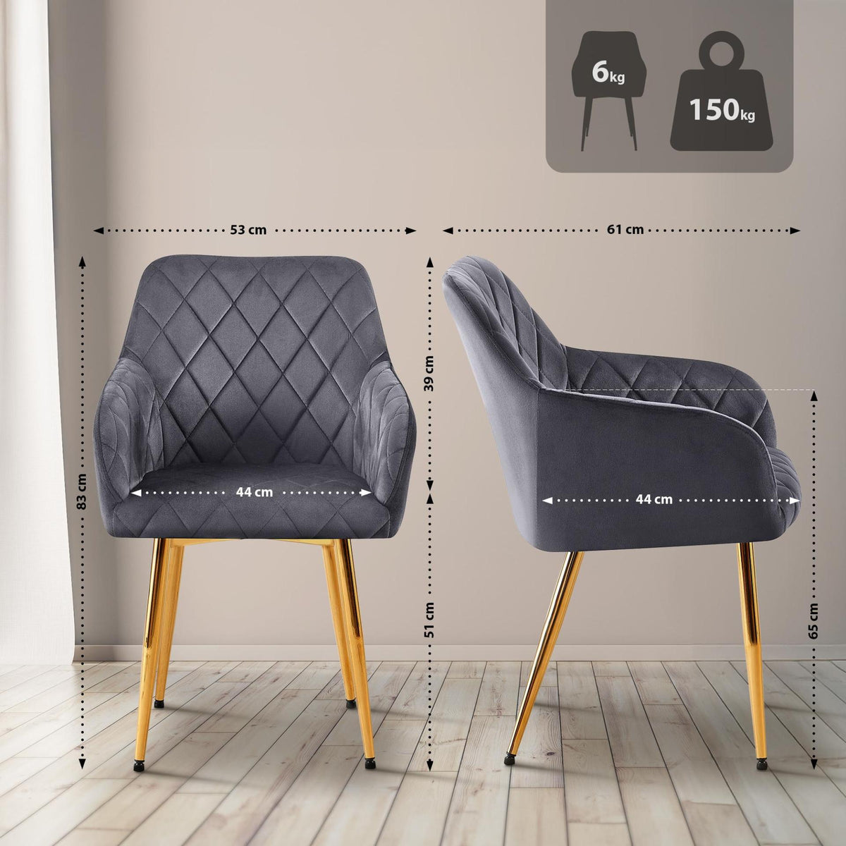 Set van 2 eetkamerstoelen Monett fluweel donkergrijs,Metaal Goud dunkelgrau