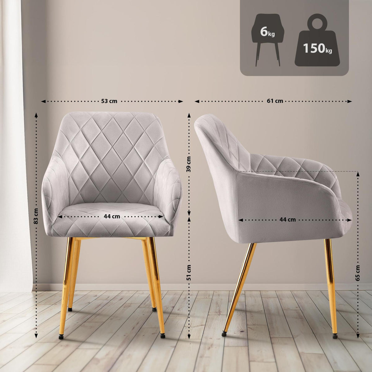 Set van 2 eetkamerstoelen Monett fluweel grijs,Metaal Goud grau