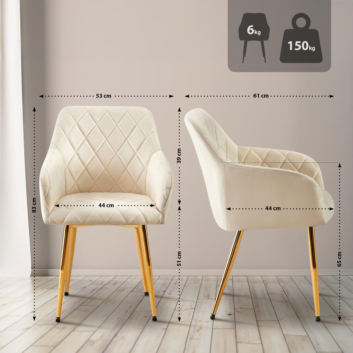 Set van 2 eetkamerstoelen Monett fluweel creme,Metaal Goud creme