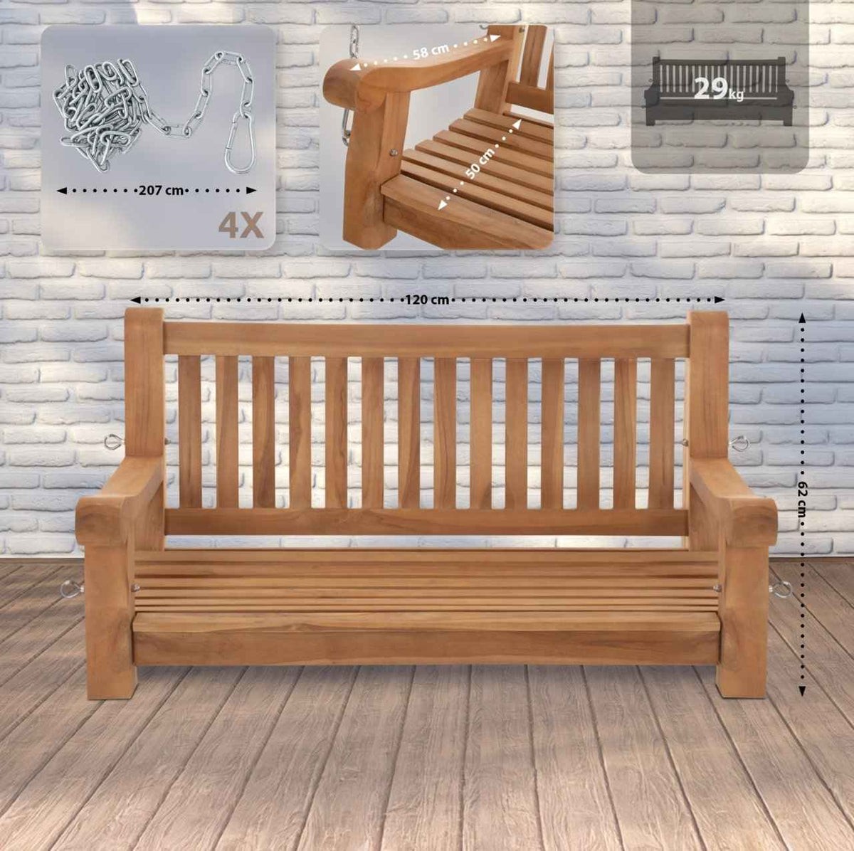 Teakhouten bank Joyce teak,120 cm teak
