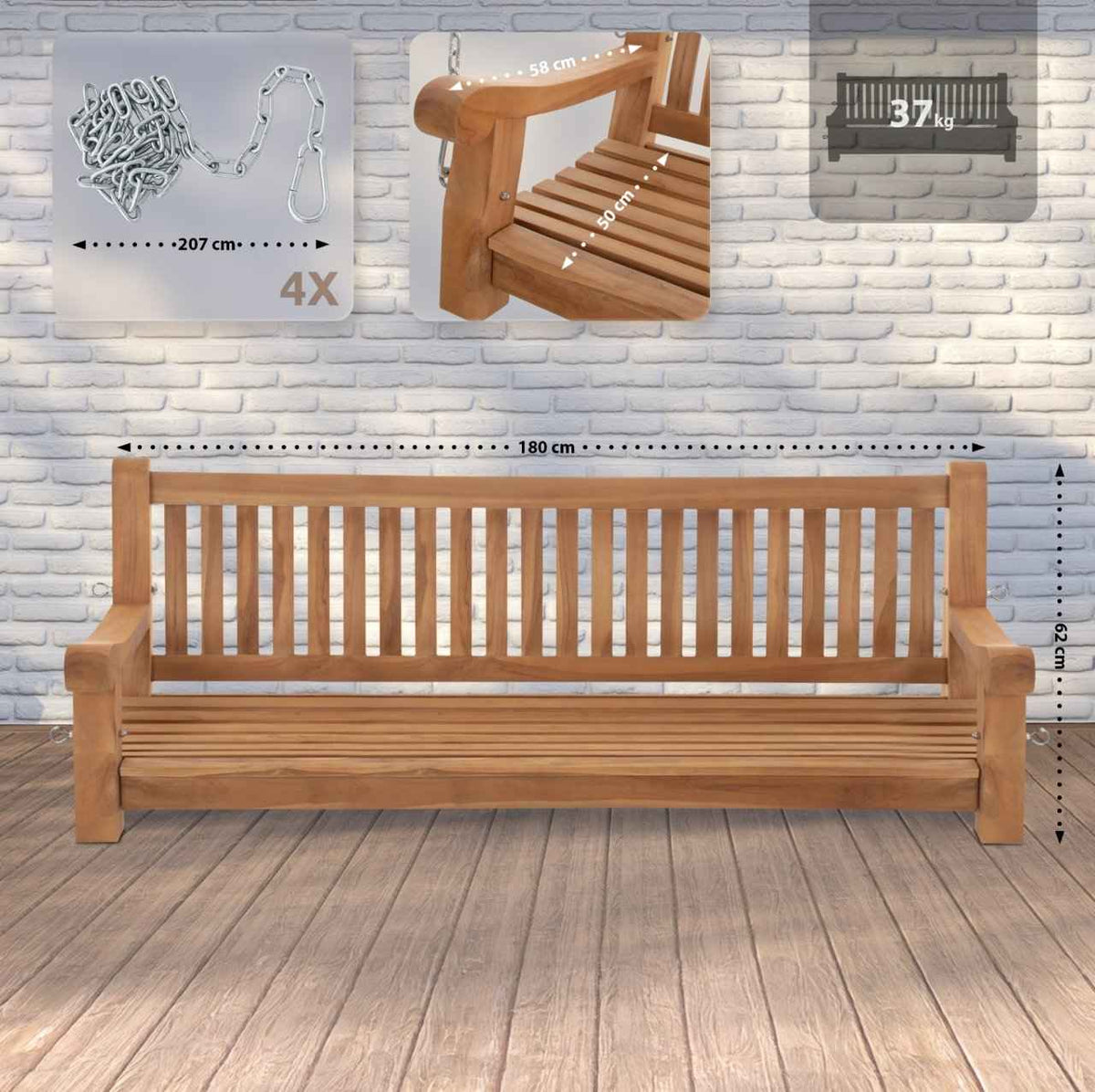 Teakhouten bank Joyce teak,180 cm teak