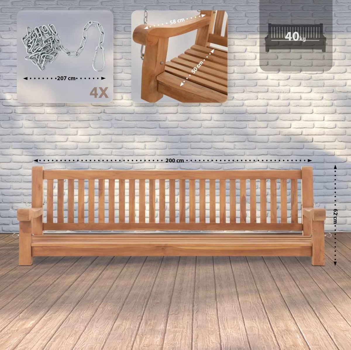 Teakhouten bank Joyce teak,200 cm teak