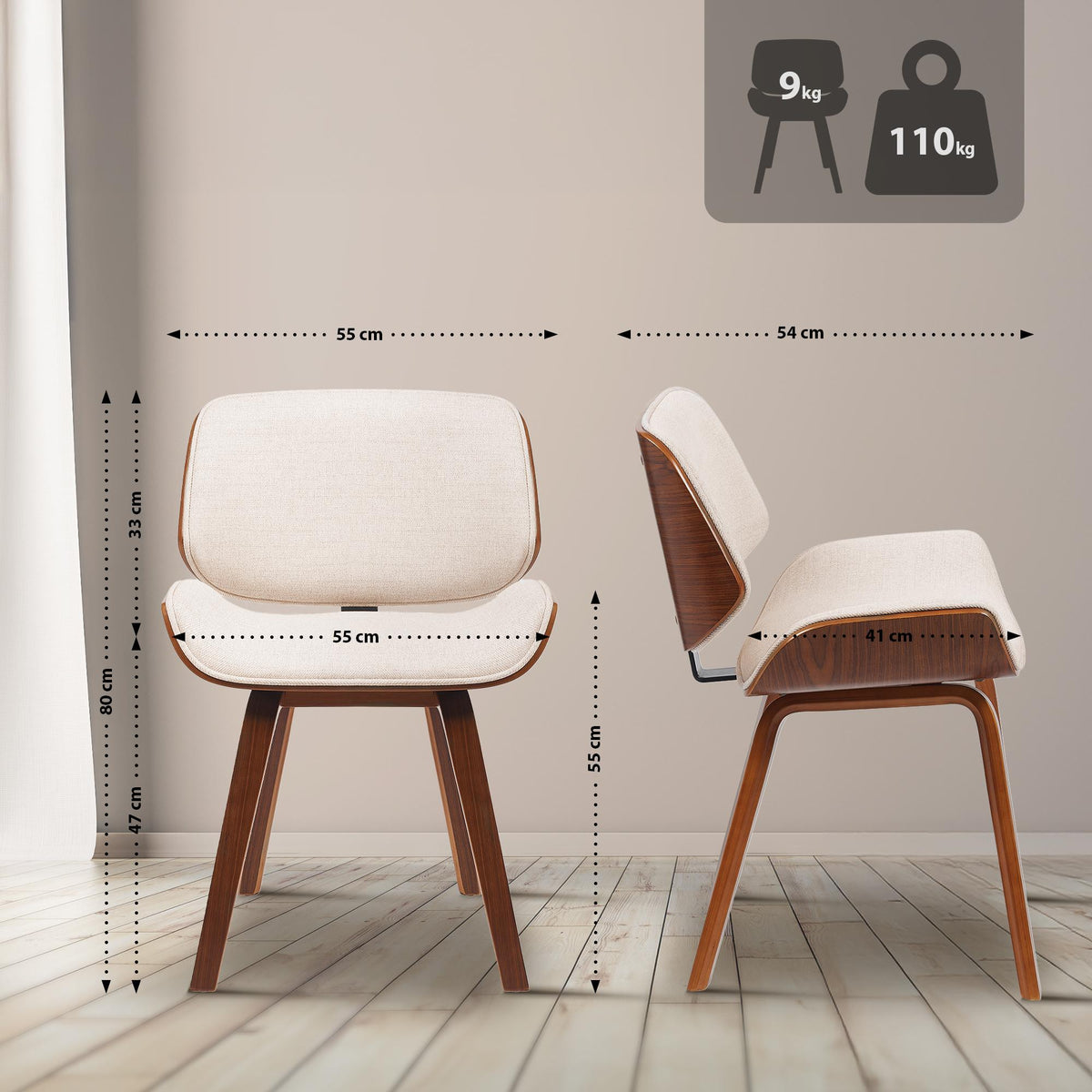 Set van 2 Eetkamerstoelen Beverley walnoot/creme walnuss/creme