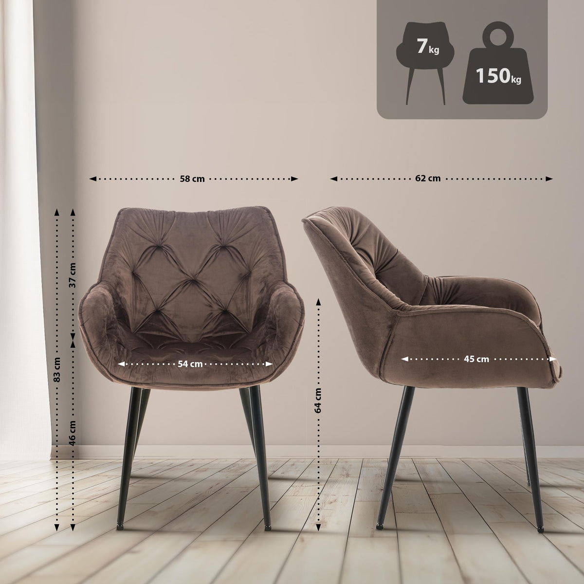 Set van 2 eetkamerstoelen Tanna fluweel bruin braun