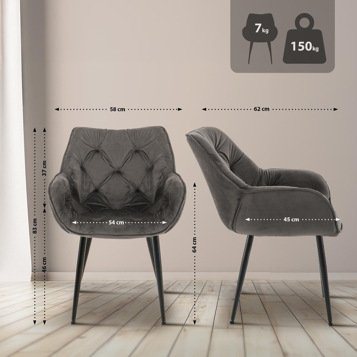 Set van 2 eetkamerstoelen Tanna fluweel antraciet anthrazit