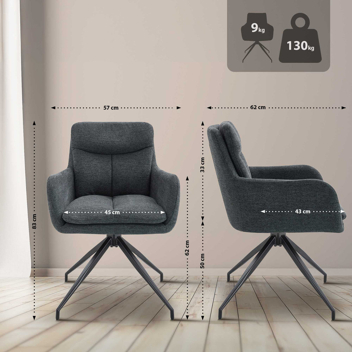 Set van 2 eetkamerstoelen Somers stof donkergrijs dunkelgrau