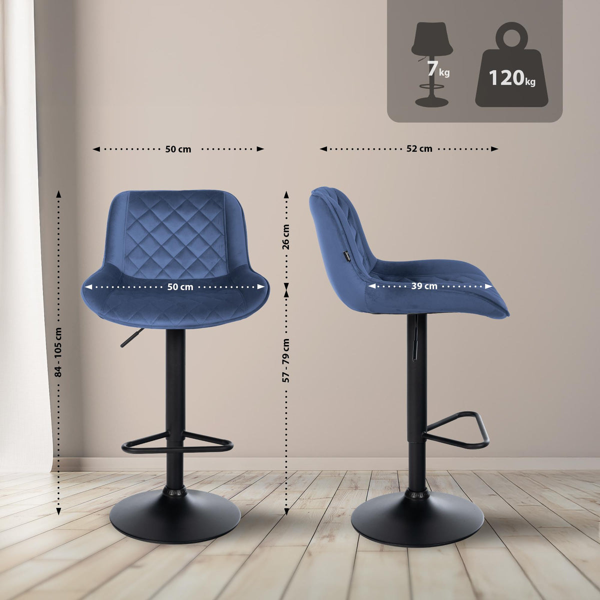 2er Set barkrukken Kasson blauw,Fluweel blau