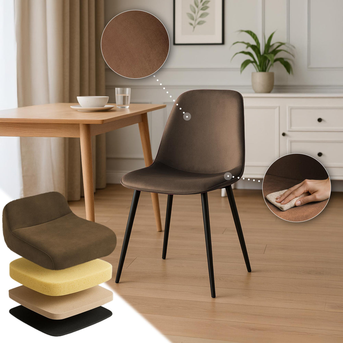 Set van 4 eetkamerstoelen Maryam bruin,Fluweel braun