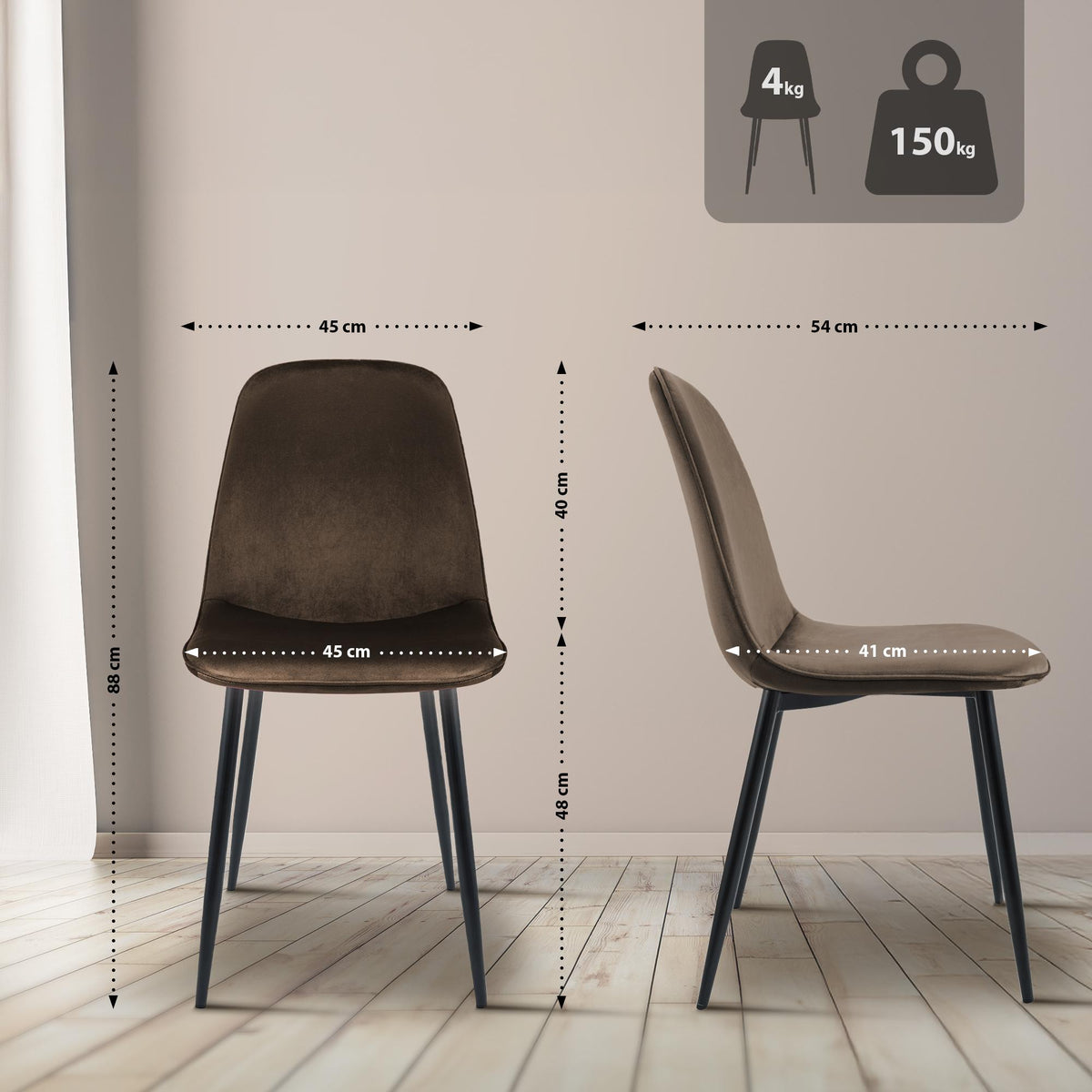 Set van 4 eetkamerstoelen Maryam bruin,Fluweel braun