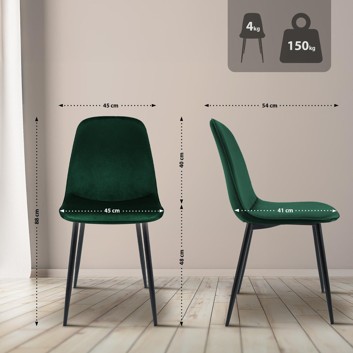 Set van 4 eetkamerstoelen Maryam groen,Fluweel grün