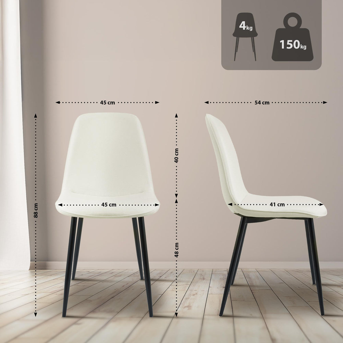 Set van 4 eetkamerstoelen Maryam creme,Stof creme