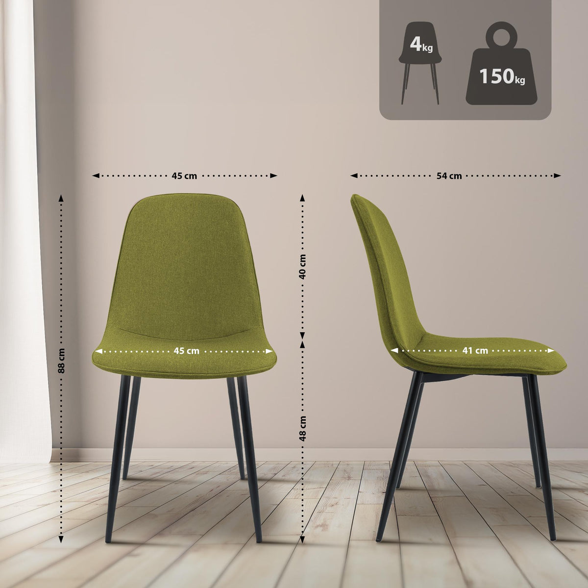 Set van 4 eetkamerstoelen Maryam groen,Stof grün