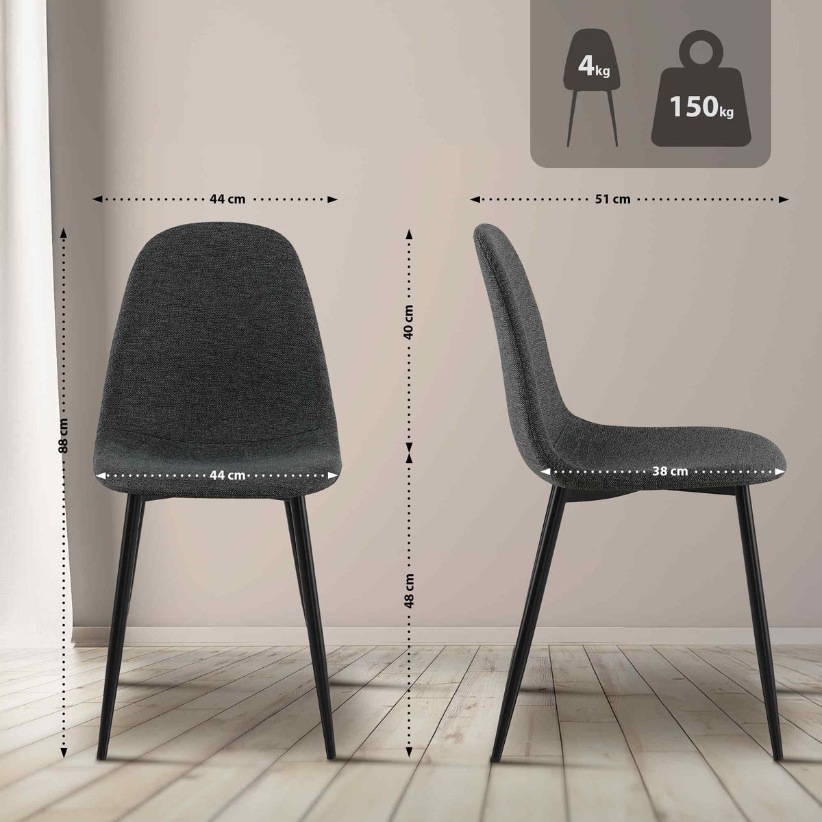 Set van 4 Napier eetkamerstoelen zwart,Stof schwarz