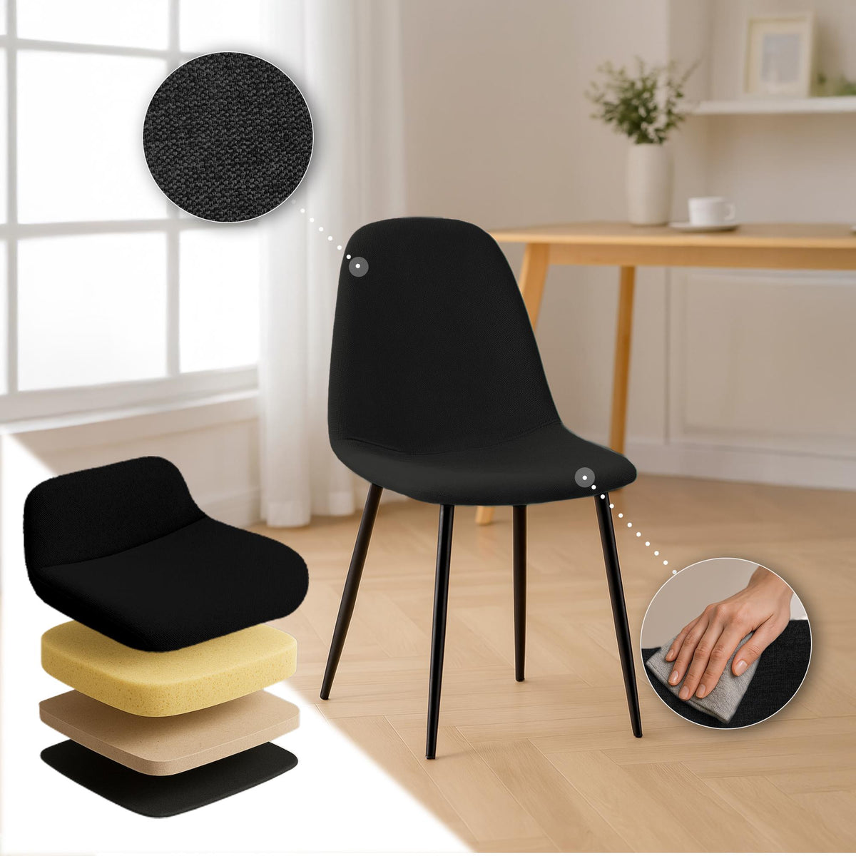 Set van 4 Napier eetkamerstoelen zwart,Stof schwarz